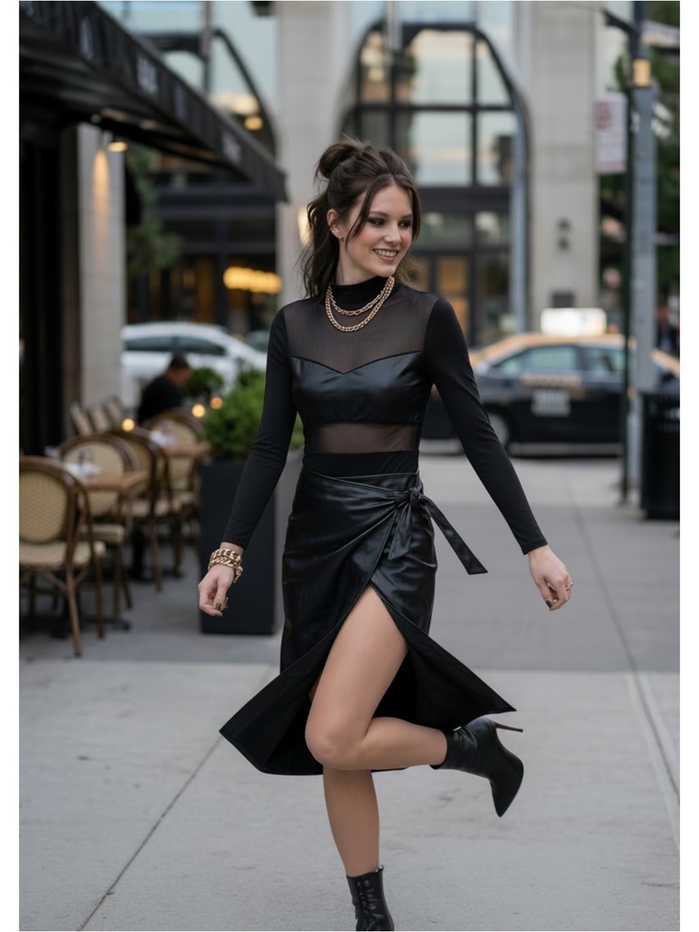 SHEIN Black Faux Leather Contrast Bodysuit Small Long Sleeve
